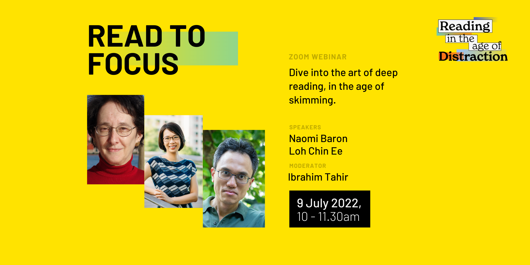 Yellow banner for a Zoom webinar titled Read to Focus featuring photos of three speakers on 9 July 2022.